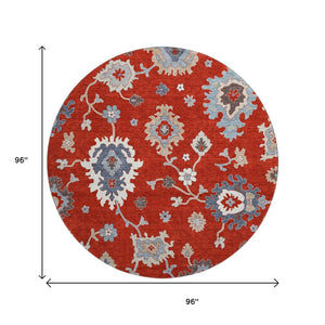 HomeRoots 8' Elegant Red, Gray & Ivory Floral Medallion Washable Round Rug with UV Protection for Durability 663308