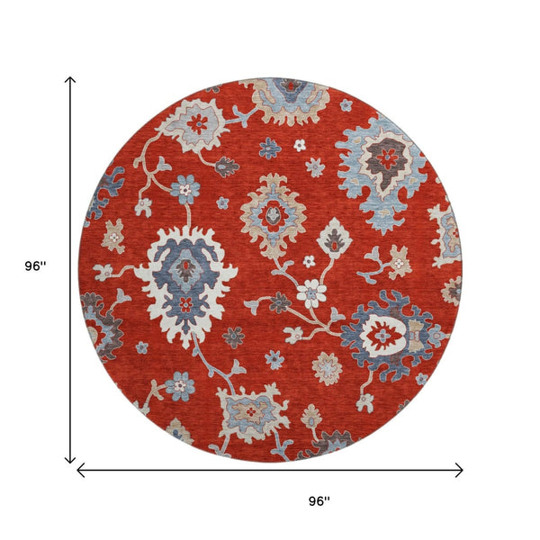 HomeRoots 8' Elegant Red, Gray & Ivory Floral Medallion Washable Round Rug with UV Protection for Durability 663308