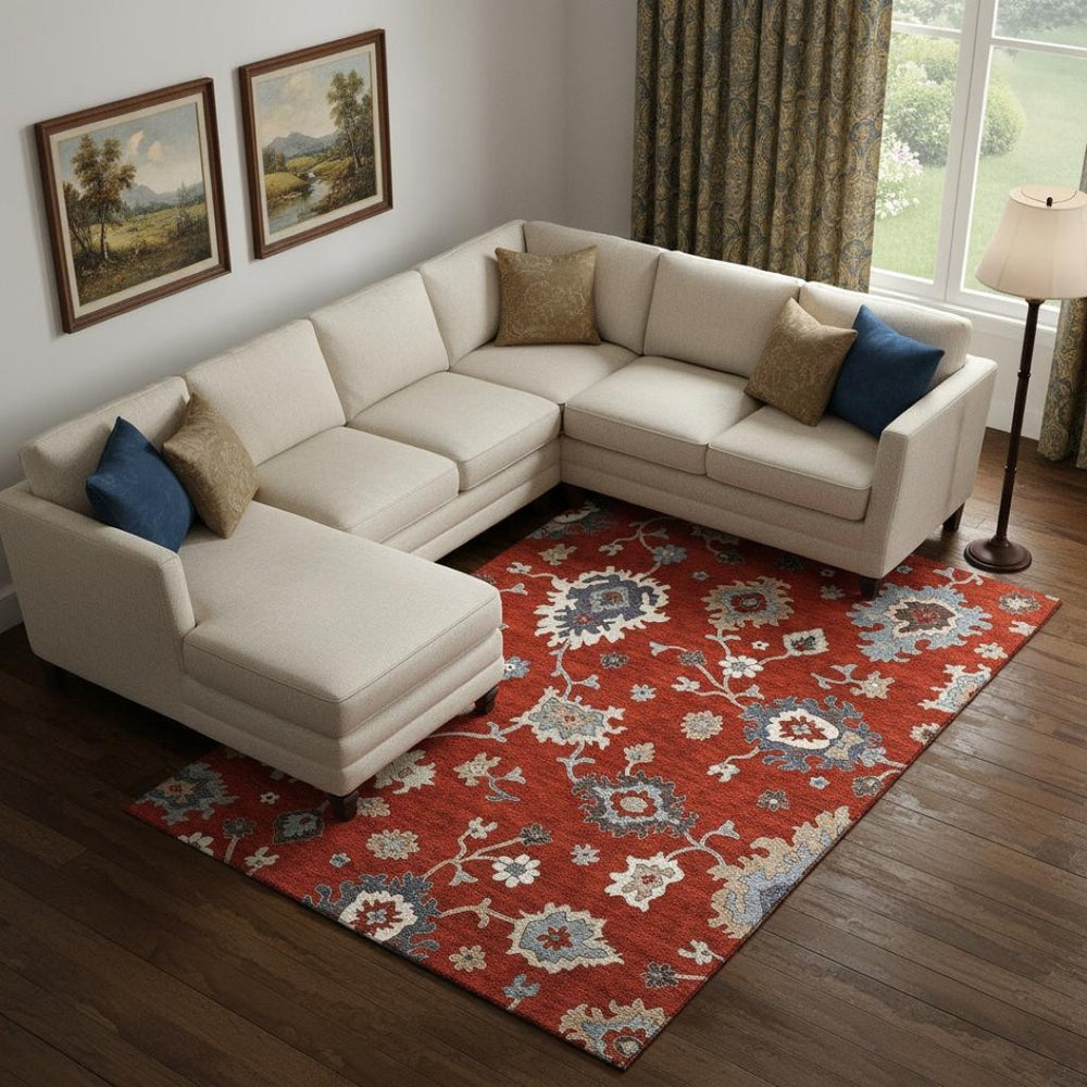 HomeRoots 8' X 10' Floral Medallion Area Rug in Red, Gray & Ivory – Washable, UV Protected, Stylish & Durable! 663309