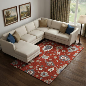 HomeRoots 8' X 10' Floral Medallion Area Rug in Red, Gray & Ivory – Washable, UV Protected, Stylish & Durable! 663309