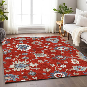 HomeRoots 10' X 14' Floral Medallion Area Rug in Red, Gray & Ivory – Washable, UV Protected, and Stylish! 663311