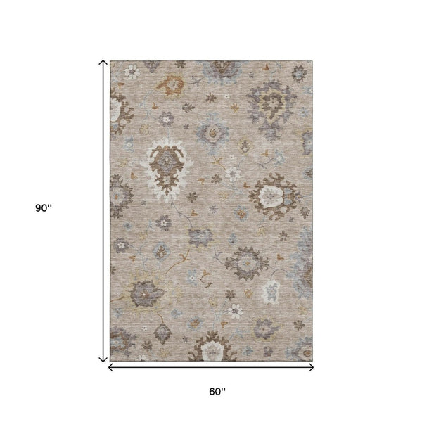 HomeRoots 5' X 8' Elegant Taupe Gray Floral Medallion Area Rug – Washable, UV Protected, Stain Resistant Design 663319