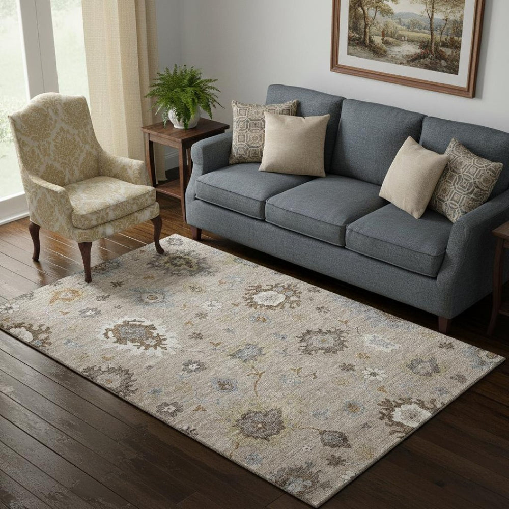 HomeRoots 5' X 8' Elegant Taupe Gray Floral Medallion Area Rug – Washable, UV Protected, Stain Resistant Design 663319