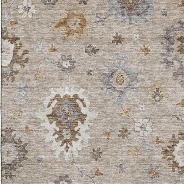 HomeRoots 5' X 8' Elegant Taupe Gray Floral Medallion Area Rug – Washable, UV Protected, Stain Resistant Design 663319