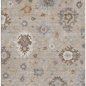 HomeRoots 5' X 8' Elegant Taupe Gray Floral Medallion Area Rug – Washable, UV Protected, Stain Resistant Design 663319
