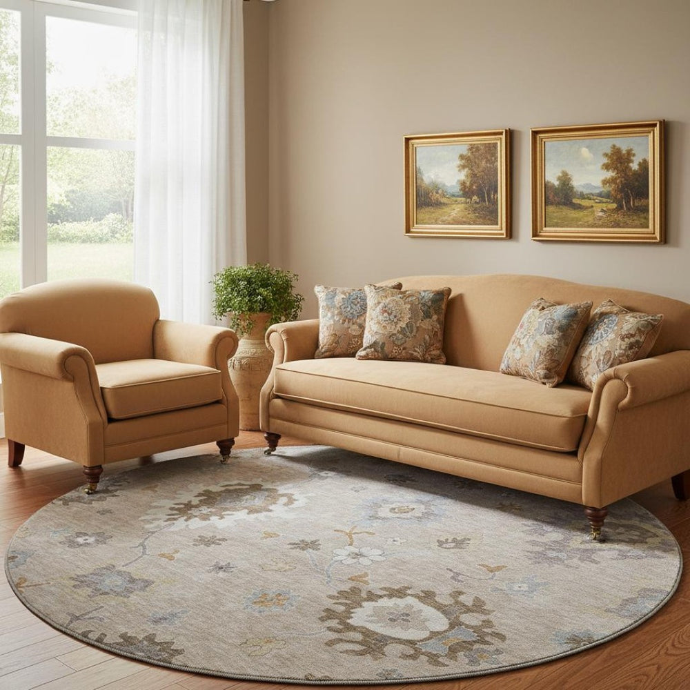 HomeRoots 8' Elegant Taupe Gray & Ivory Floral Medallion Washable Round Rug with UV Protection & Stain Resistance 663320
