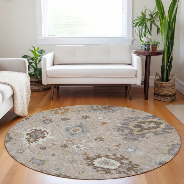 HomeRoots 8' Elegant Taupe Gray & Ivory Floral Medallion Washable Round Rug with UV Protection & Stain Resistance 663320