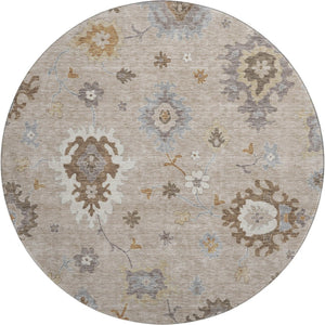 HomeRoots 8' Elegant Taupe Gray & Ivory Floral Medallion Washable Round Rug with UV Protection & Stain Resistance 663320