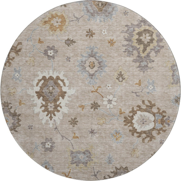 HomeRoots 8' Elegant Taupe Gray & Ivory Floral Medallion Washable Round Rug with UV Protection & Stain Resistance 663320