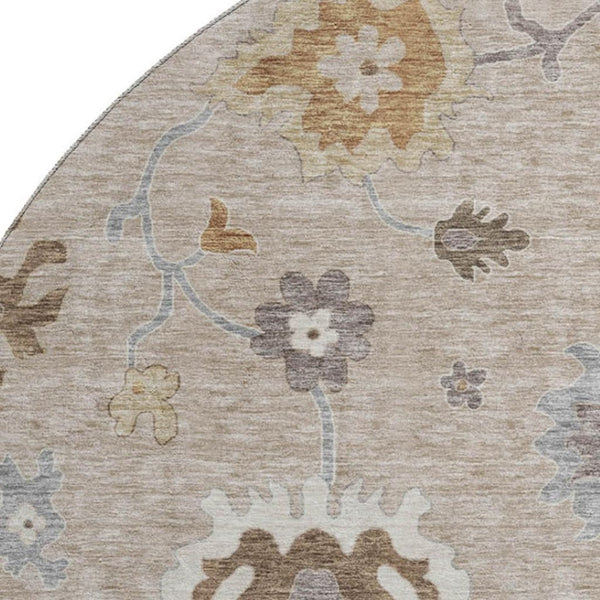 HomeRoots 8' Elegant Taupe Gray & Ivory Floral Medallion Washable Round Rug with UV Protection & Stain Resistance 663320