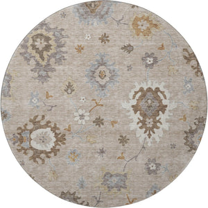 HomeRoots 8' Elegant Taupe Gray & Ivory Floral Medallion Washable Round Rug with UV Protection & Stain Resistance 663320