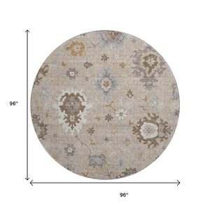HomeRoots 8' Elegant Taupe Gray & Ivory Floral Medallion Washable Round Rug with UV Protection & Stain Resistance 663320