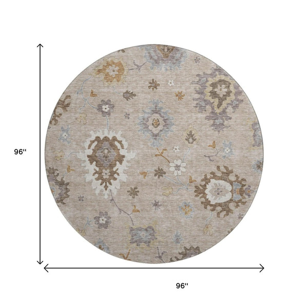 HomeRoots 8' Elegant Taupe Gray & Ivory Floral Medallion Washable Round Rug with UV Protection & Stain Resistance 663320