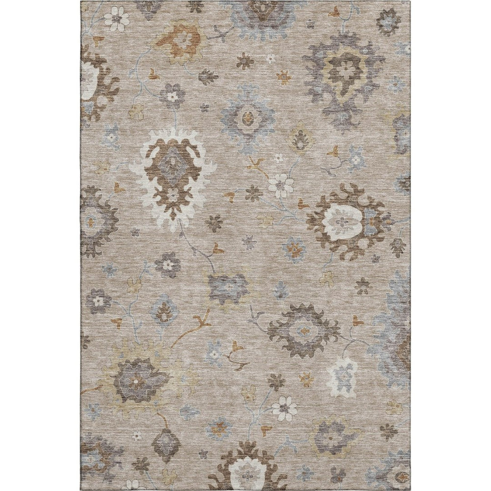 HomeRoots 8' X 10' Washable Floral Medallion Area Rug in Taupe Gray & Ivory - Stain Resistant & UV Protected 663321