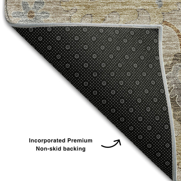 HomeRoots 8' X 10' Washable Floral Medallion Area Rug in Taupe Gray & Ivory - Stain Resistant & UV Protected 663321