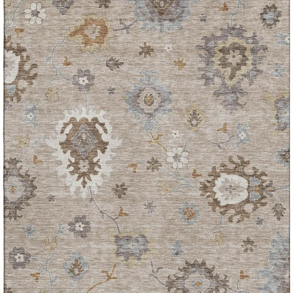 HomeRoots 8' X 10' Washable Floral Medallion Area Rug in Taupe Gray & Ivory - Stain Resistant & UV Protected 663321