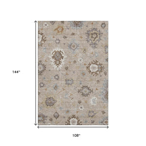 HomeRoots 9' X 12' Taupe Gray Floral Medallion Area Rug - Washable, Stain-Resistant & UV Protected Design 663322