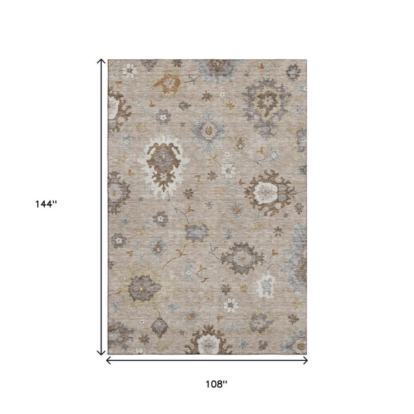 HomeRoots 9' X 12' Taupe Gray Floral Medallion Area Rug - Washable, Stain-Resistant & UV Protected Design 663322
