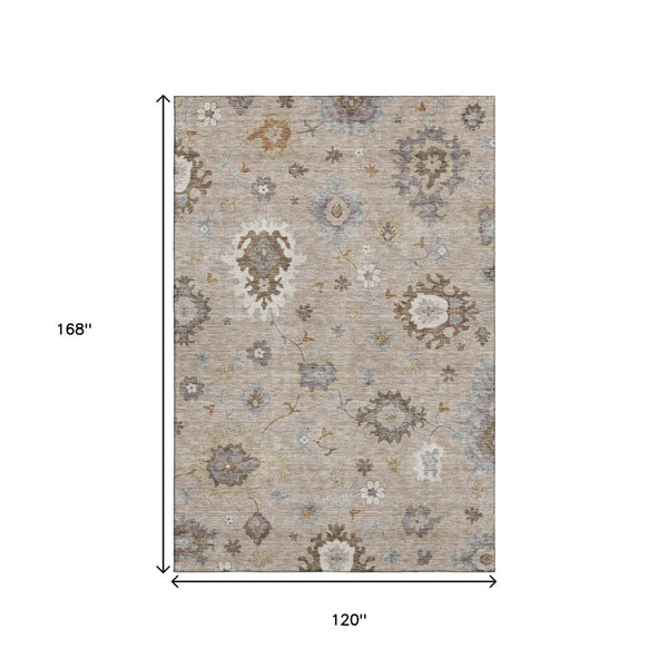 HomeRoots 10' X 14' Elegant Taupe Gray Floral Medallion Area Rug - Washable, UV Protected, Family-Friendly Design 663323