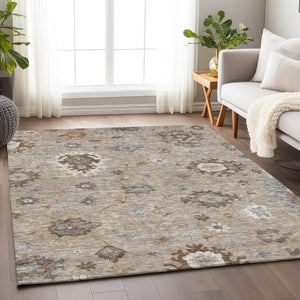 HomeRoots 10' X 14' Elegant Taupe Gray Floral Medallion Area Rug - Washable, UV Protected, Family-Friendly Design 663323