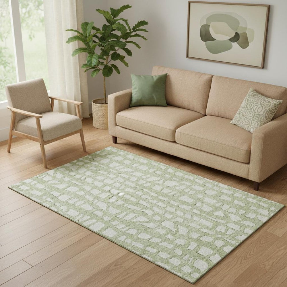 HomeRoots 5' Artichoke Green and Ivory Cobblestone Washable Area Rug - Durable, UV-Protected, Easy-Care Design 663331