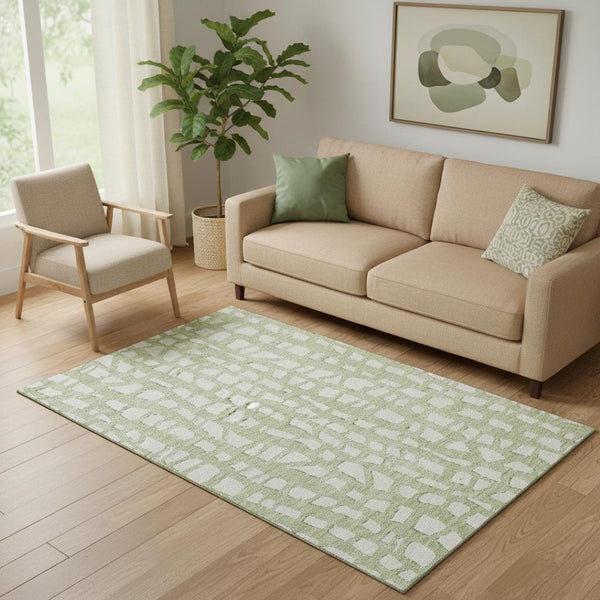 HomeRoots 5' Artichoke Green and Ivory Cobblestone Washable Area Rug - Durable, UV-Protected, Easy-Care Design 663331