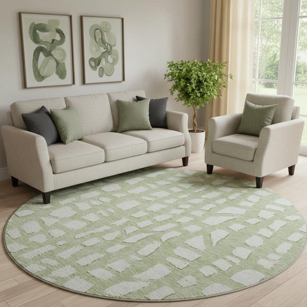 HomeRoots 8' Artichoke Green & Ivory Cobblestone Round Rug - Soft, Durable, UV-Protected for Versatile Spaces 663332