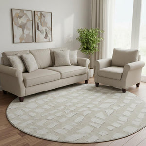 HomeRoots 8' Beige and Ivory Cobblestone Round Rug – Washable, UV Protected, Perfect for High-Traffic Spaces! 663338