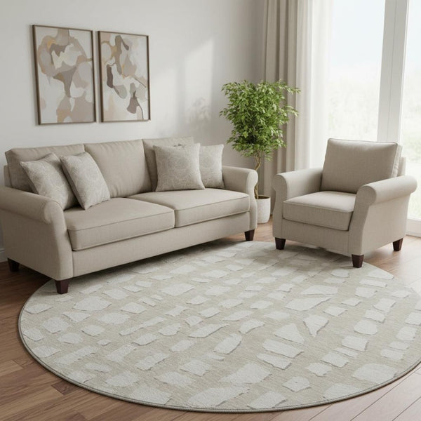 HomeRoots 8' Beige and Ivory Cobblestone Round Rug – Washable, UV Protected, Perfect for High-Traffic Spaces! 663338