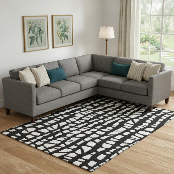 HomeRoots 8' X 10' Cobblestone Washable Area Rug - Black & Ivory, UV Protected, Stain Resistant for Families 663345