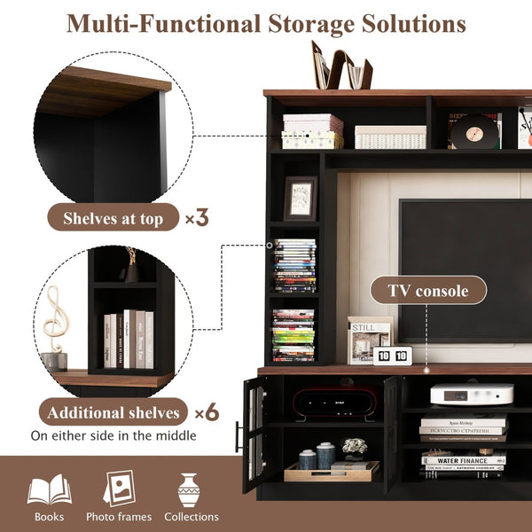 English Elm 95.5" Modern Farmhouse Wall Unit Mdf Bookshelf with Tempered Glass Cabinet Doors Black SJ000161AAB