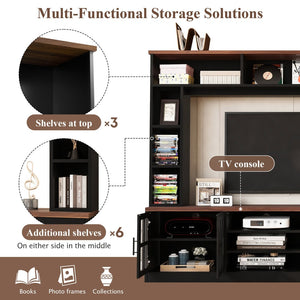 English Elm 95.5" Wide Modern Farmhouse Wall Unit with Tempered Glass Cabinets and Bookshelf Storage Black SJ000157AAB