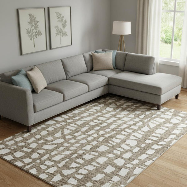 HomeRoots 10' X 14' Cobblestone Washable Area Rug in Brown & Ivory - UV Protected, Durable, Easy Care Design! 663353