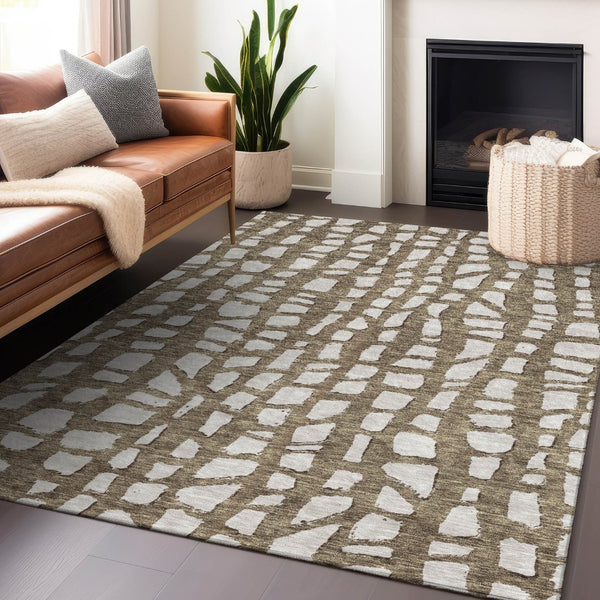 HomeRoots 10' X 14' Cobblestone Washable Area Rug in Brown & Ivory - UV Protected, Durable, Easy Care Design! 663353