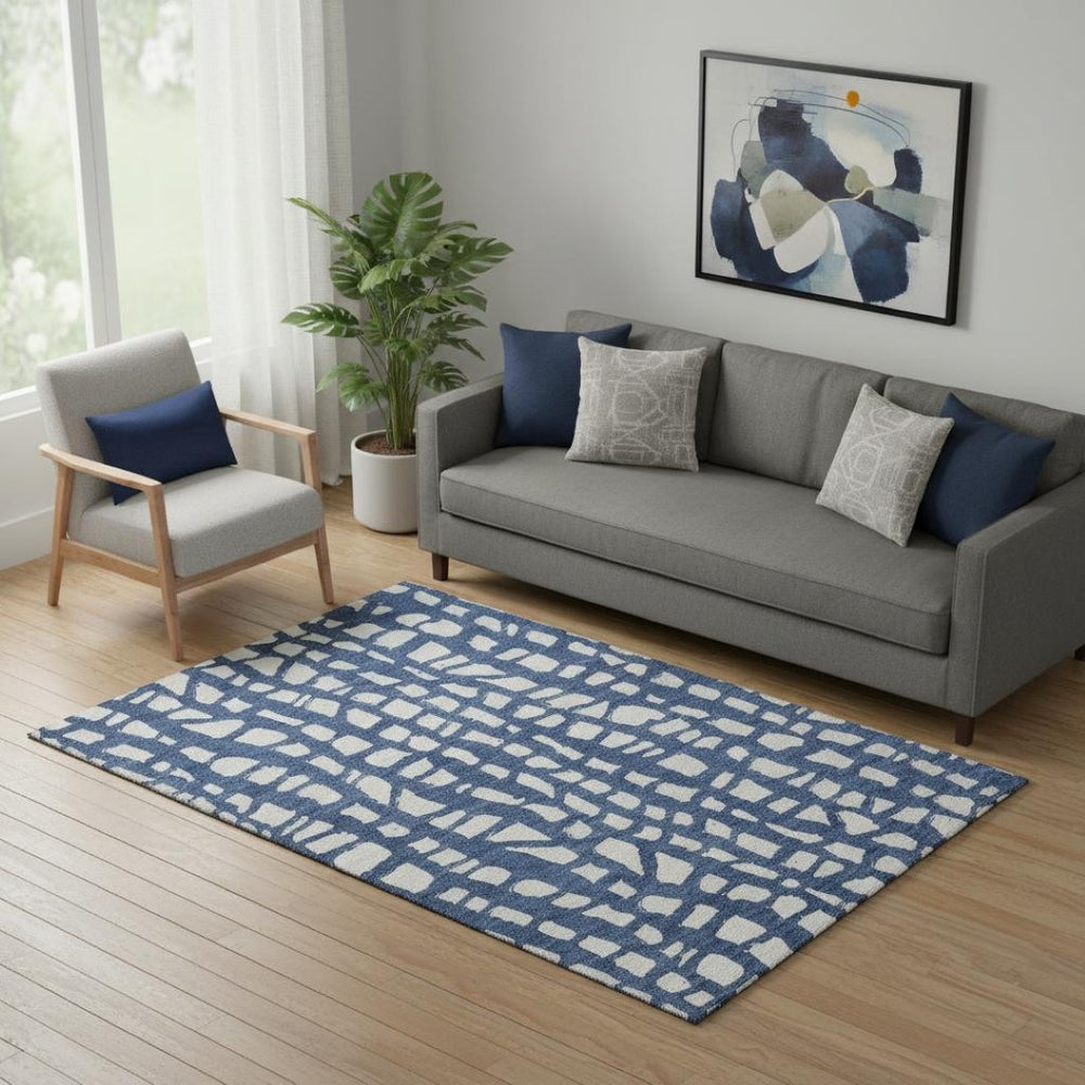 HomeRoots 5' X 8' Navy Blue & Ivory Cobblestone Washable Area Rug with UV Protection for Stylish Living Spaces 663367
