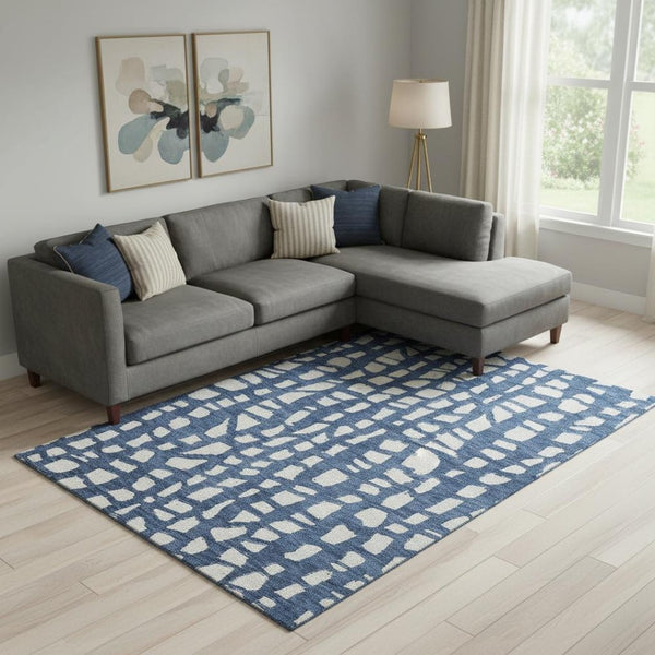 HomeRoots 9' X 12' Navy Blue & Ivory Cobblestone Rug - Washable, UV Protected, Stain Resistant for Busy Homes 663370