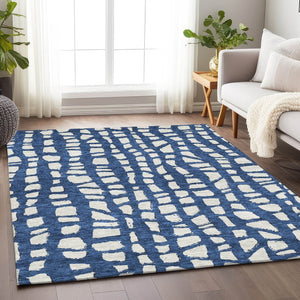 HomeRoots 9' X 12' Navy Blue & Ivory Cobblestone Rug - Washable, UV Protected, Stain Resistant for Busy Homes 663370
