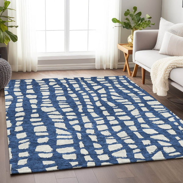 HomeRoots 9' X 12' Navy Blue & Ivory Cobblestone Rug - Washable, UV Protected, Stain Resistant for Busy Homes 663370