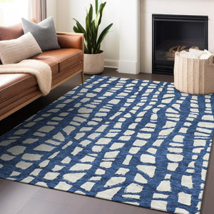 HomeRoots 9' X 12' Navy Blue & Ivory Cobblestone Rug - Washable, UV Protected, Stain Resistant for Busy Homes 663370