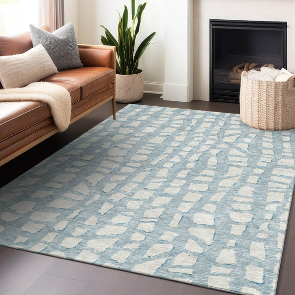 HomeRoots 5' X 8' Sky Blue Cobblestone Washable Area Rug - UV Protected, Stain Resistant & Soft for Homes 663391