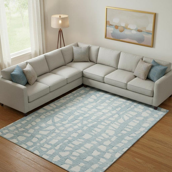 HomeRoots 10' Sky Blue & Ivory Cobblestone Washable Area Rug - Durable, UV Protected, Perfect for Family Spaces! 663395