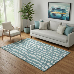 HomeRoots 5' X 8' Teal And Ivory Cobblestone Area Rug - Washable, UV-Protected, Stylish & Stain Resistant! 663397