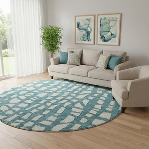 HomeRoots 8' Teal and Ivory Cobblestone Round Rug - Stain-Resistant, UV-Protected, Soft & Durable for Homes 663398