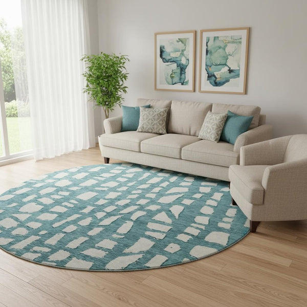 HomeRoots 8' Teal and Ivory Cobblestone Round Rug - Stain-Resistant, UV-Protected, Soft & Durable for Homes 663398