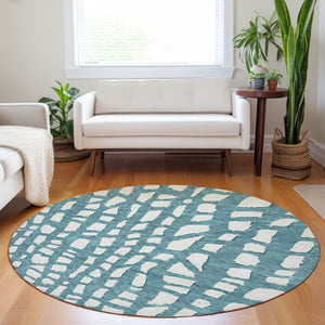 HomeRoots 8' Teal and Ivory Cobblestone Round Rug - Stain-Resistant, UV-Protected, Soft & Durable for Homes 663398