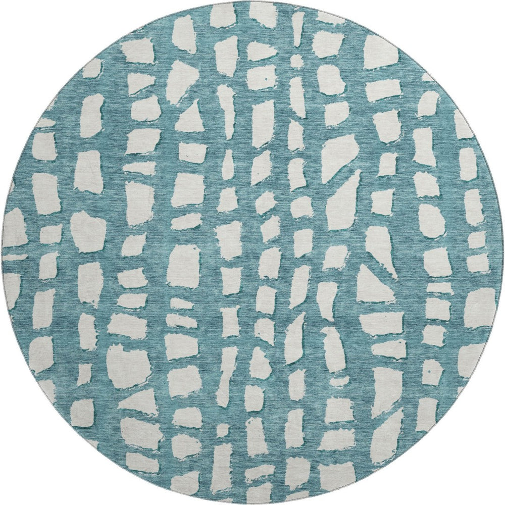 HomeRoots 8' Teal and Ivory Cobblestone Round Rug - Stain-Resistant, UV-Protected, Soft & Durable for Homes 663398