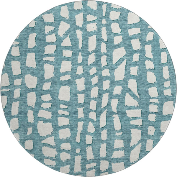 HomeRoots 8' Teal and Ivory Cobblestone Round Rug - Stain-Resistant, UV-Protected, Soft & Durable for Homes 663398