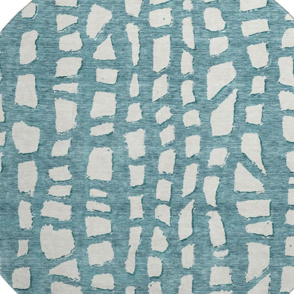 HomeRoots 8' Teal and Ivory Cobblestone Round Rug - Stain-Resistant, UV-Protected, Soft & Durable for Homes 663398