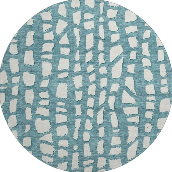 HomeRoots 8' Teal and Ivory Cobblestone Round Rug - Stain-Resistant, UV-Protected, Soft & Durable for Homes 663398