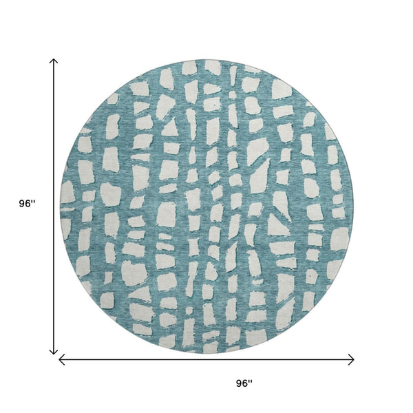 HomeRoots 8' Teal and Ivory Cobblestone Round Rug - Stain-Resistant, UV-Protected, Soft & Durable for Homes 663398